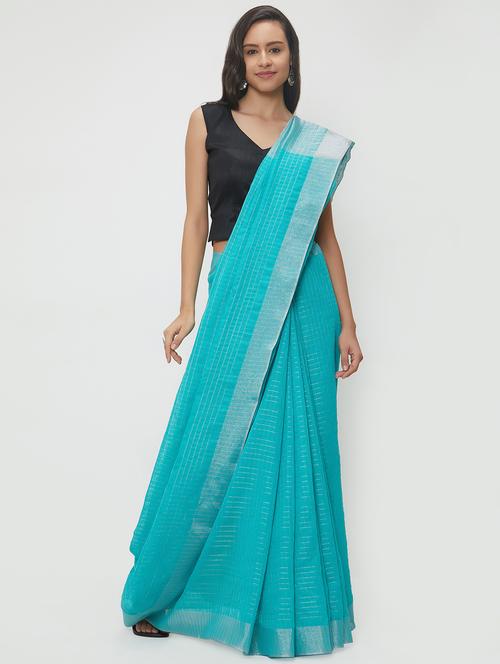 striped linen handloom saree with blouse - 15530674 - Very Small Image - 1