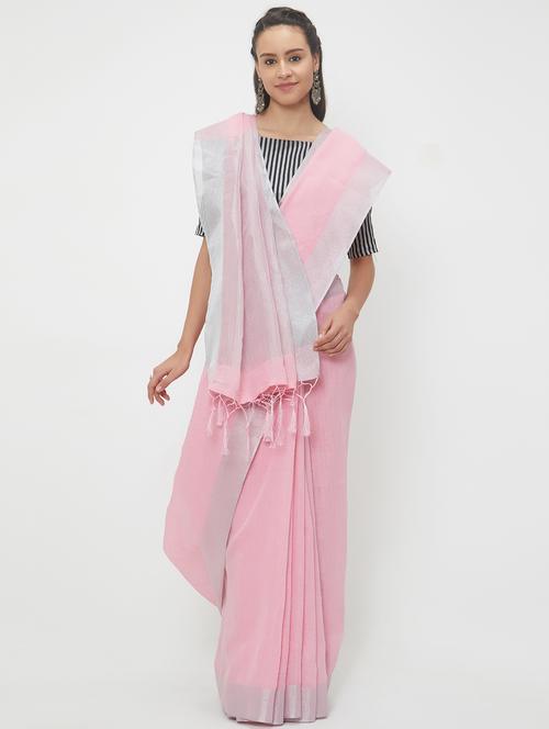 striped linen handloom saree with blouse - 15530675 - Very Small Image - 1