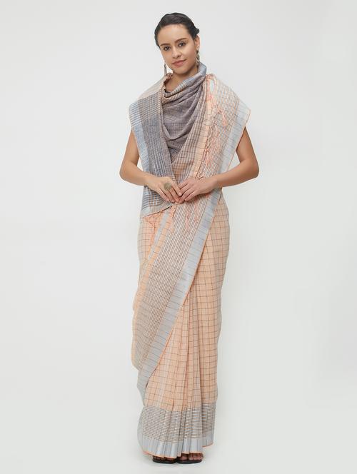 checkered linen handloom saree with blouse - 15530701 - Very Small Image - 1