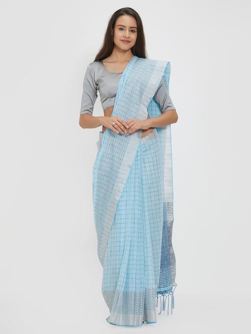 checkered linen handloom saree with blouse - 15530706 - Very Small Image - 1