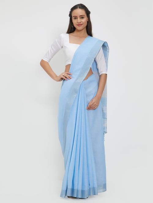 linen solid handloom saree with blouse - 15530709 - Very Small Image - 1
