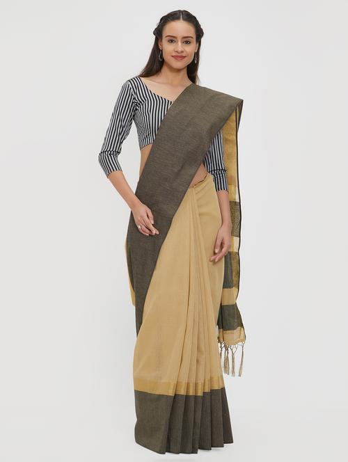 contrast border linen handloom saree with blouse - 15530720 - Very Small Image - 1