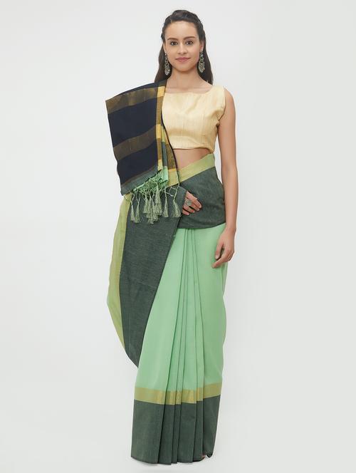 contrast border linen handloom saree with blouse - 15530721 - Very Small Image - 1
