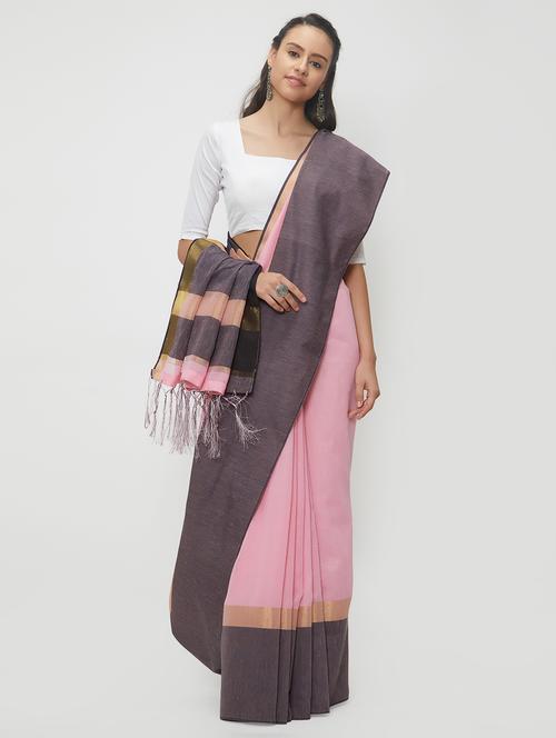 contrast border linen handloom saree with blouse - 15530722 - Very Small Image - 1