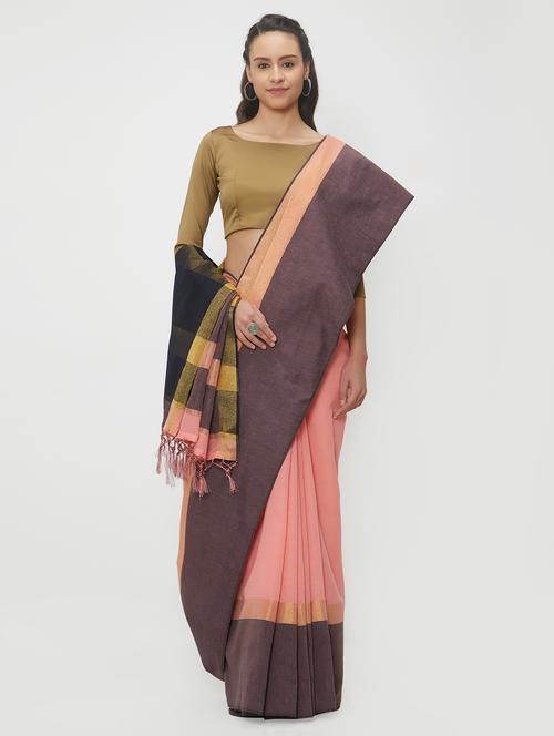 contrast border linen handloom saree with blouse - 15530723 - Very Small Image - 1