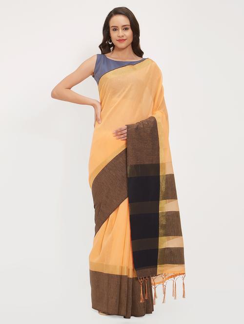 contrast border linen handloom saree with blouse - 15530725 - Very Small Image - 1