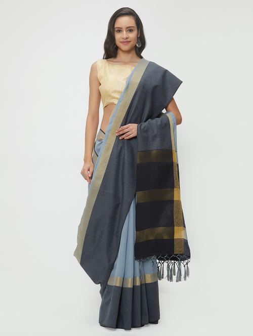 contrast border linen handloom saree with blouse - 15530727 - Very Small Image - 1