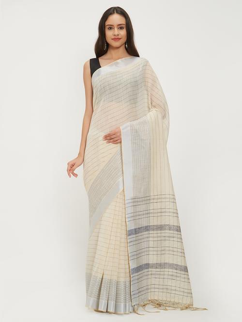striped linen handloom saree with blouse - 15530739 - Very Small Image - 1