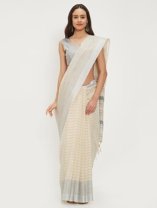 striped linen handloom saree with blouse - 15530740 - Very Small Image - 1