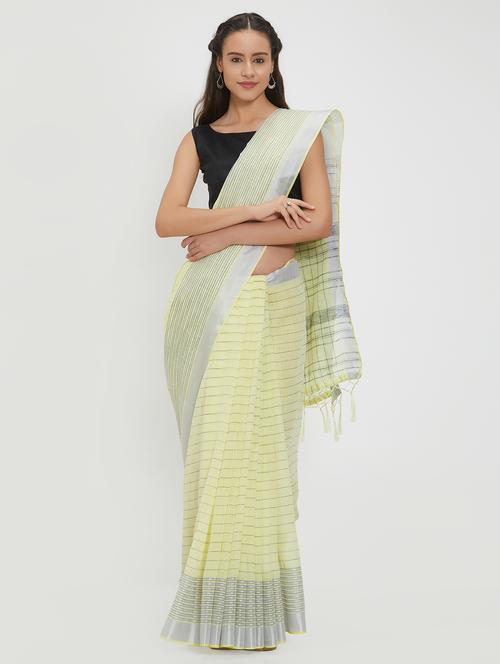 striped linen handloom saree with blouse - 15530741 - Very Small Image - 1
