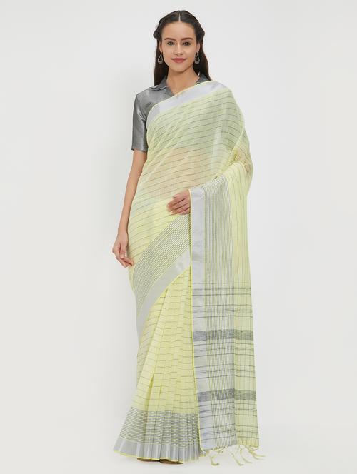 striped linen handloom saree with blouse - 15530742 - Very Small Image - 1