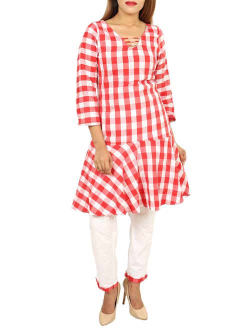 checkered ruffled kurta with pant set - 15535321 - Very Small Image - 1