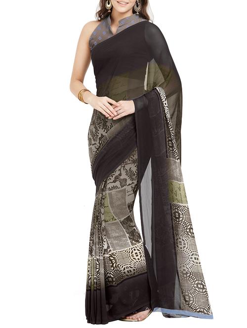 typographic printed brown saree with blouse - 15535406 - Very Small Image - 1