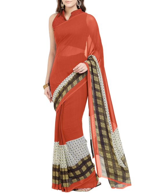 checkered printed border saree with blouse - 15535412 - Very Small Image - 1