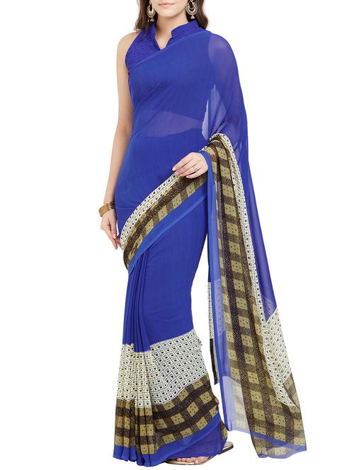 checkered printed border saree with blouse - 15535413 - Very Small Image - 1