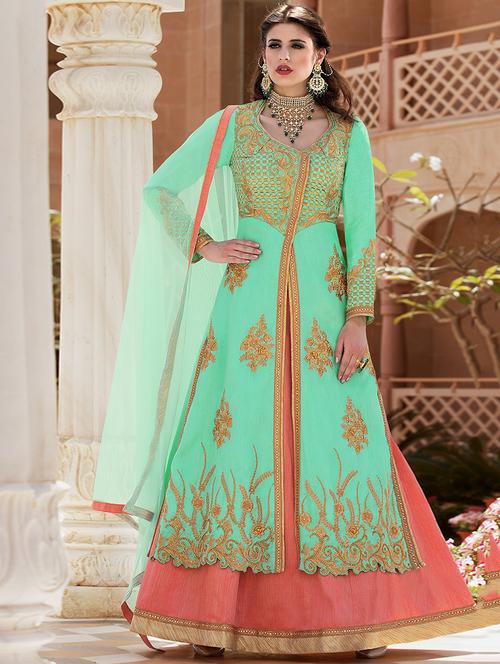 embroidered semi-stitched layered suit - 15537504 - Very Small Image - 1