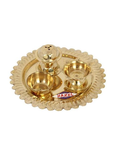 hazel flora plate brass puja thali, golden - 15540605 - Very Small Image - 1