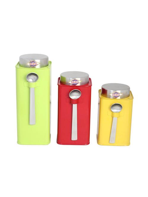 torage container with hanging spoon, 1000-1200 ml,mild steel,yellow, red & green, 3 pc set - 15540663 - Very Small Image - 1