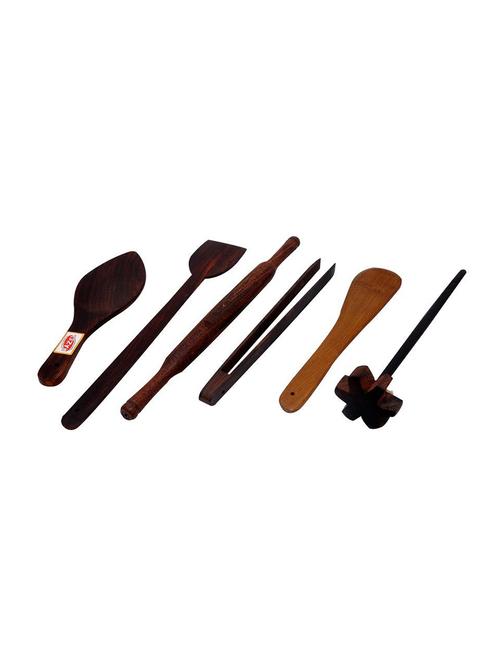 hazel wooden taveta ,belan ,spatula, tong spoon, mandhyani combo large,dark brown, 6 pc set - 15540789 - Very Small Image - 1