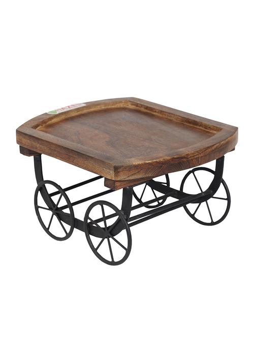 handicraft wooden serving plate hand cart with wheel, brown, length 25.5 cm - 15540941 - Very Small Image - 1
