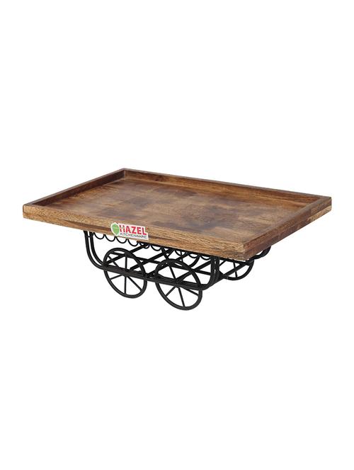 handicraft wooden serving plate hand cart with wheel, brown, length 35.5 cm - 15540942 - Very Small Image - 1
