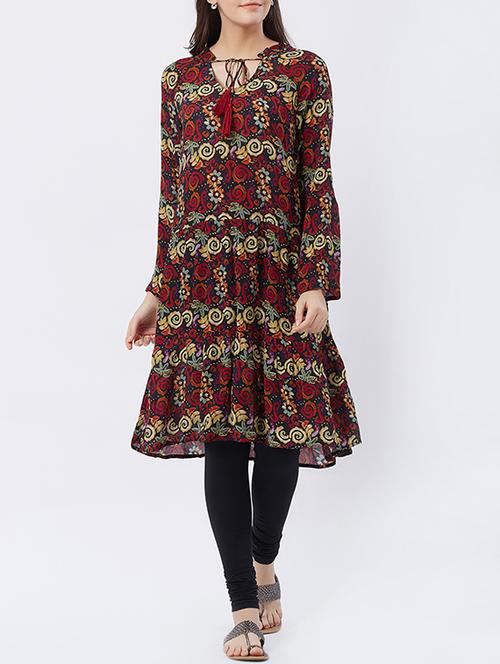 a-line printed keyhole kurta with tassels - 15541744 - Very Small Image - 1