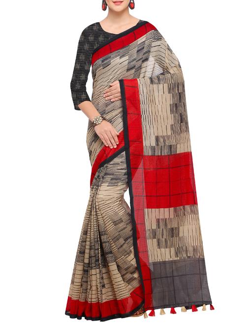 linen geometrical printed saree with blouse - 15544038 - Very Small Image - 1