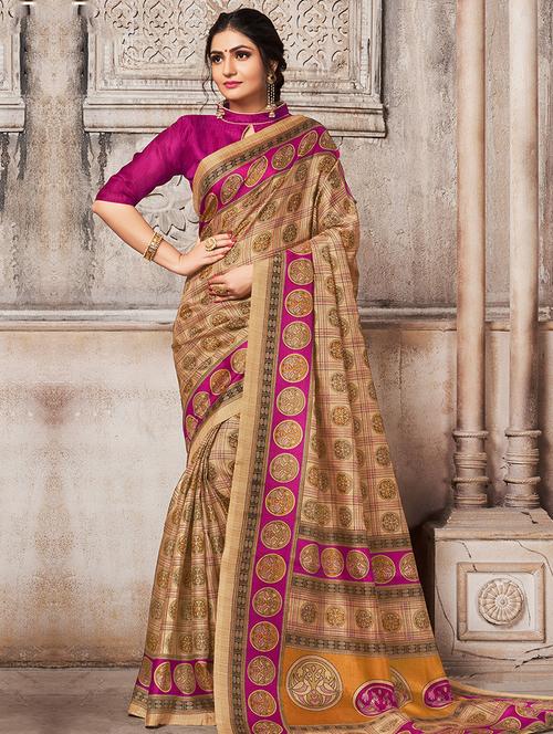 contrast border conversational printed saree with blouse - 15547942 - Very Small Image - 1