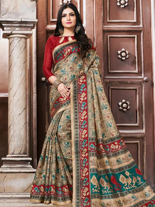 contrast border conversational printed saree with blouse - 15547944 - Very Small Image - 1