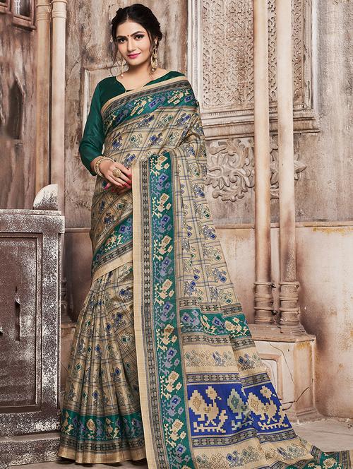 contrast border conversational printed saree with blouse - 15547945 - Very Small Image - 1