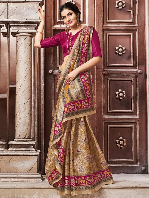 contrast border conversational printed saree with blouse - 15547947 - Very Small Image - 1