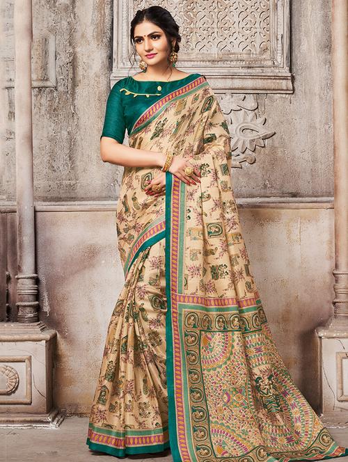 madhubani printed beige saree with blouse - 15547948 - Very Small Image - 1