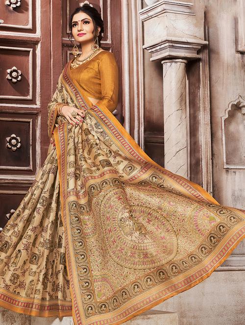 madhubani printed beige saree with blouse - 15547951 - Very Small Image - 1