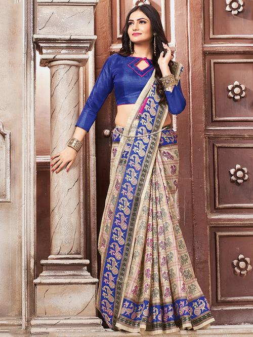 contrast border conversational printed saree with blouse - 15547952 - Very Small Image - 1