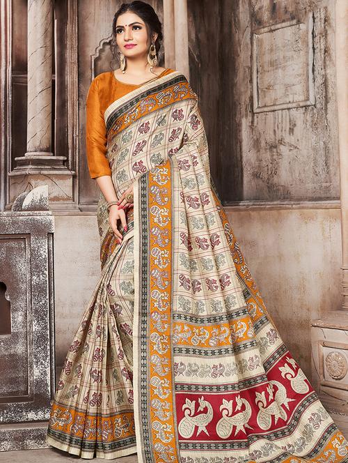 contrast border conversational printed saree with blouse - 15547953 - Very Small Image - 1