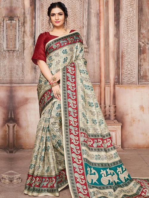 contrast border conversational printed saree with blouse - 15547954 - Very Small Image - 1