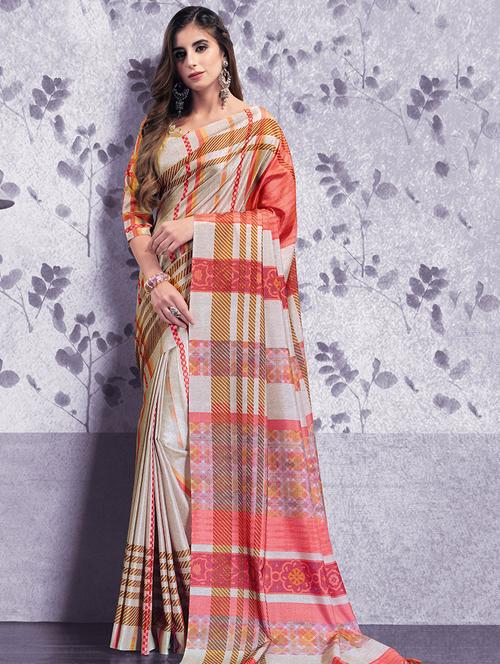 contrast striped tussar saree with blouse - 15547965 - Very Small Image - 1