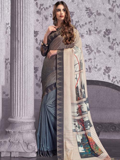 digital printed pallu tussar saree with blouse - 15547967 - Very Small Image - 1