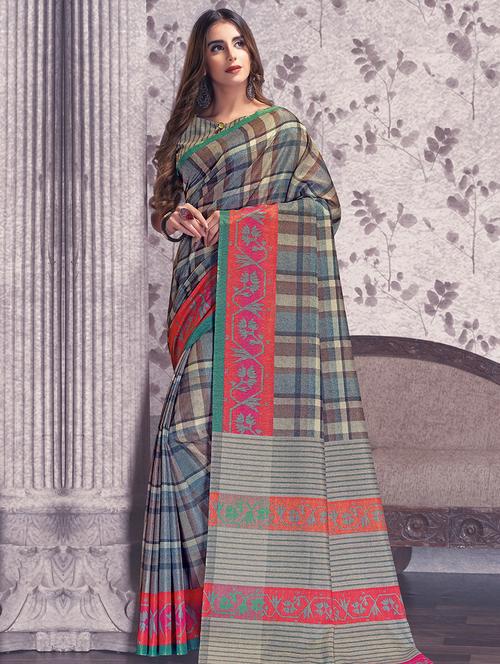 checkered printed ctussar saree with blouse - 15547970 - Very Small Image - 1