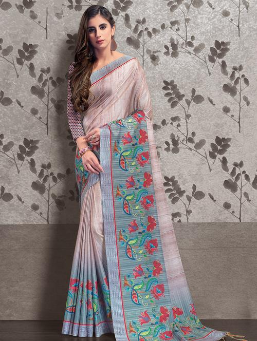 floral printed border tussar saree with blouse - 15547971 - Very Small Image - 1