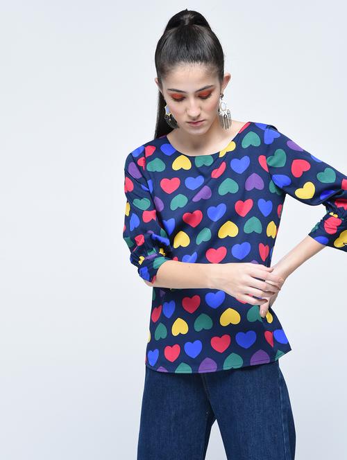 heart print gather detail sleeved top - 15557623 - Very Small Image - 1
