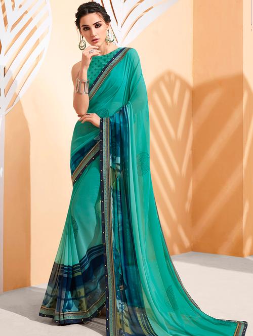 contrast bordered printed saree with blouse - 15558007 - Very Small Image - 1