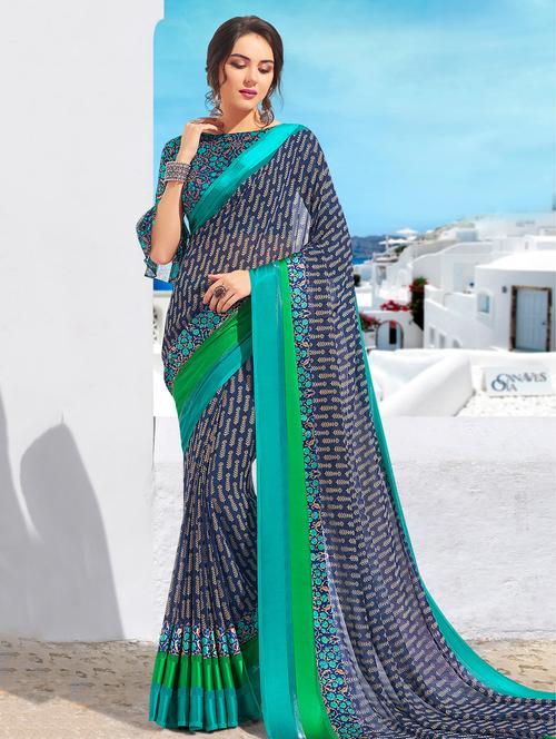 contrast bordered printed saree with blouse - 15558850 - Very Small Image - 1