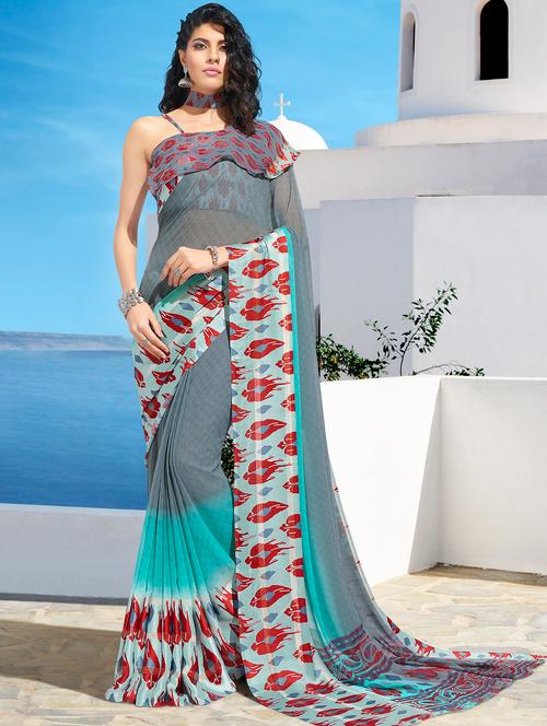 contrast bordered printed saree with blouse - 15558857 - Very Small Image - 1