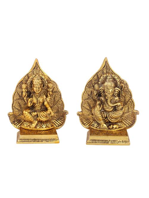lakshmi ganesh pair with leaf background antique gold plated in metal by handicrafts paradise - 15558923 - Very Small Image - 1