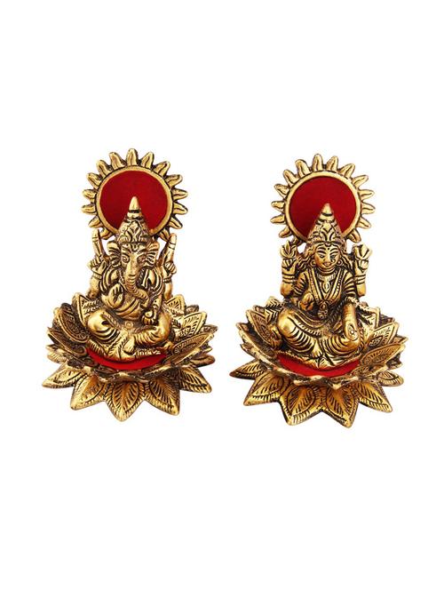 lakshmi ganesh seated on lotus gold plated in metal by handicrafts paradise - 15558924 - Very Small Image - 1
