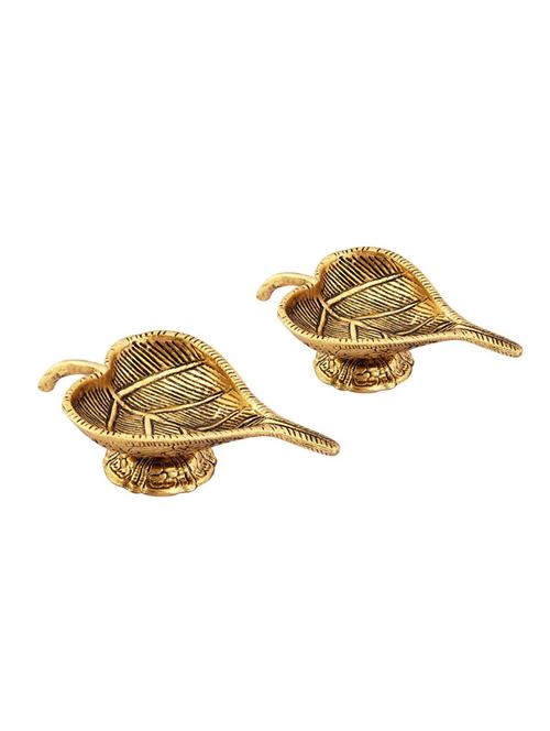 leaf shaped diya pair in metal antique gold plated by handicrafts paradise - 15559003 - Very Small Image - 1
