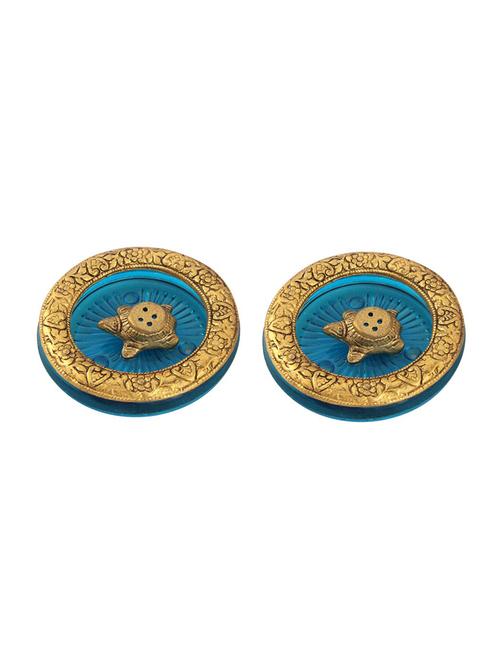tortoise incense holder set of 2 pc placed in turquoise glass vessel with metal border by handicrafts paradise - 15559033 - Very Small Image - 1