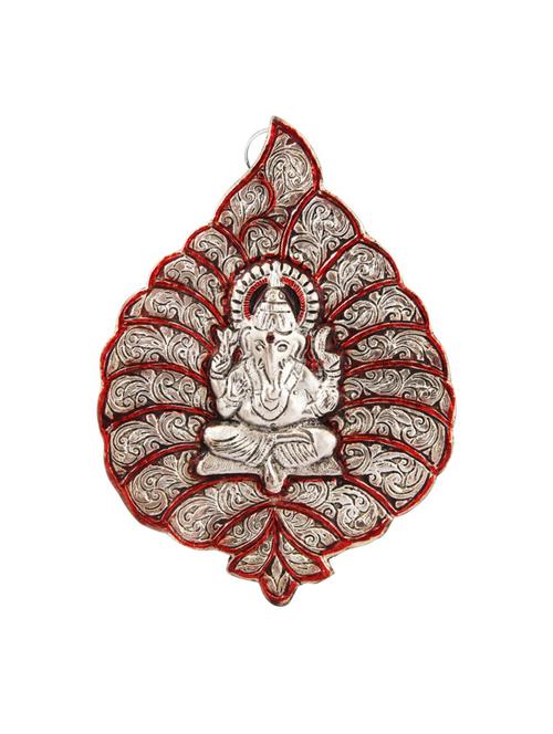 leaf shaped wall hanging with silver ganesha motiff in metal by handicrafts paradise - 15559063 - Very Small Image - 1