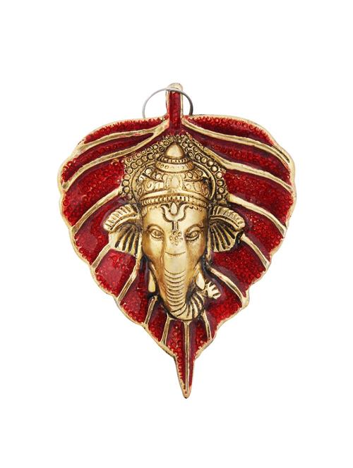 wall hanging red leaf shaped with ganesha face motiff in metal by handicrafts paradise - 15559065 - Very Small Image - 1